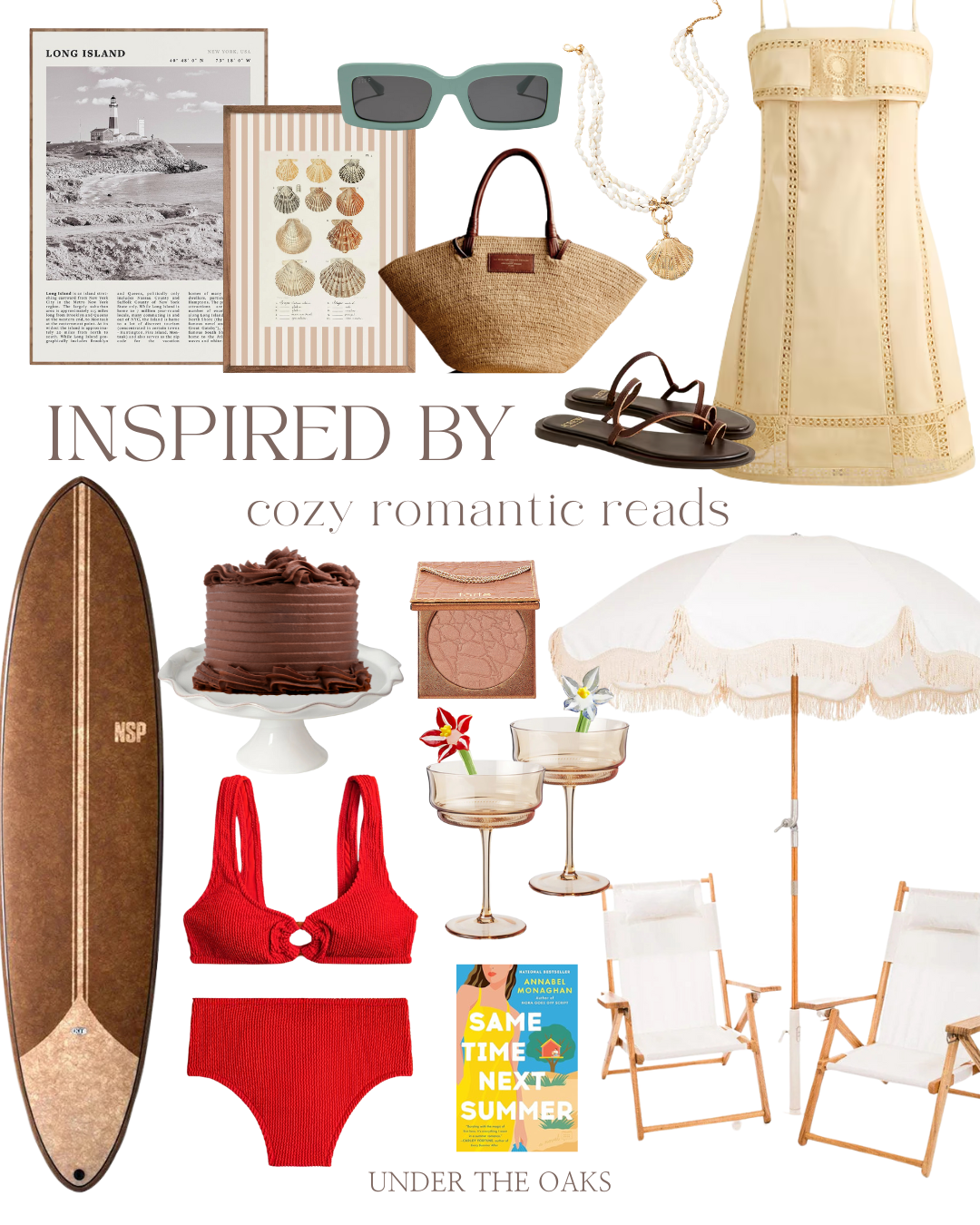 surf inspired same time next summer, red bikini, yellow casual dress, shells