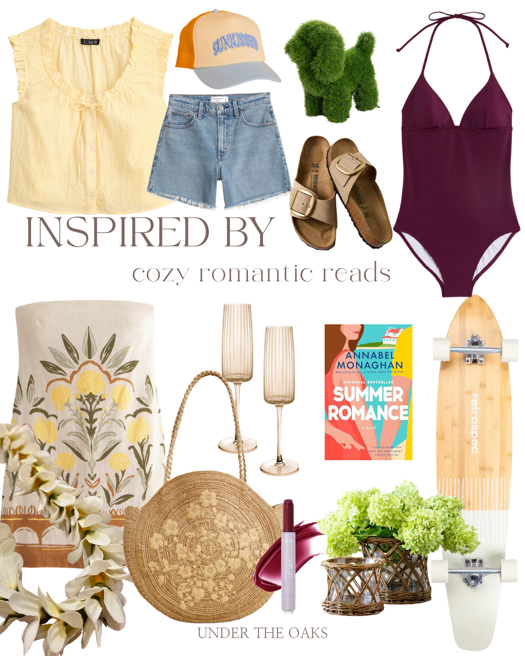 Cozy beach read with summer romance, yellow top, tropical dress, woven purse