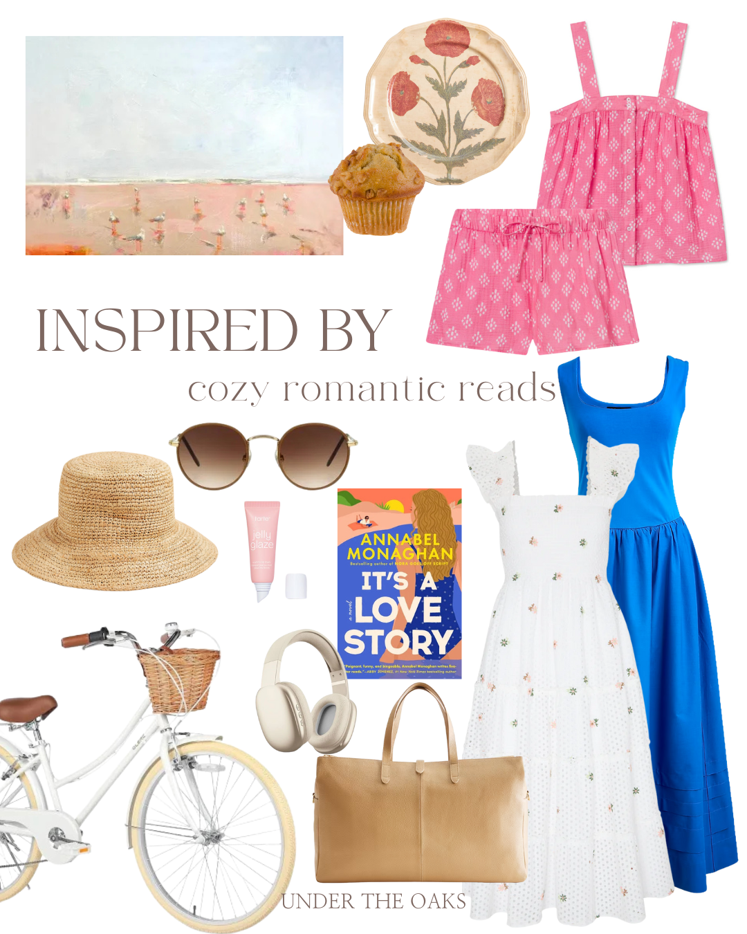 romantic reads with pink pajamas from lake, blue dress, floral dress, straw bucket hat